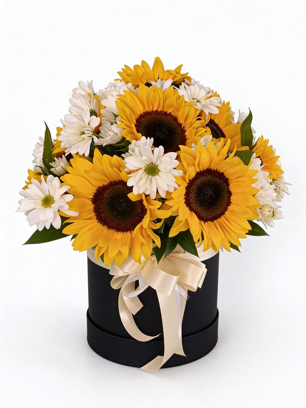 Arreglo 072 - Girasoles y margaritas en caja decorativa